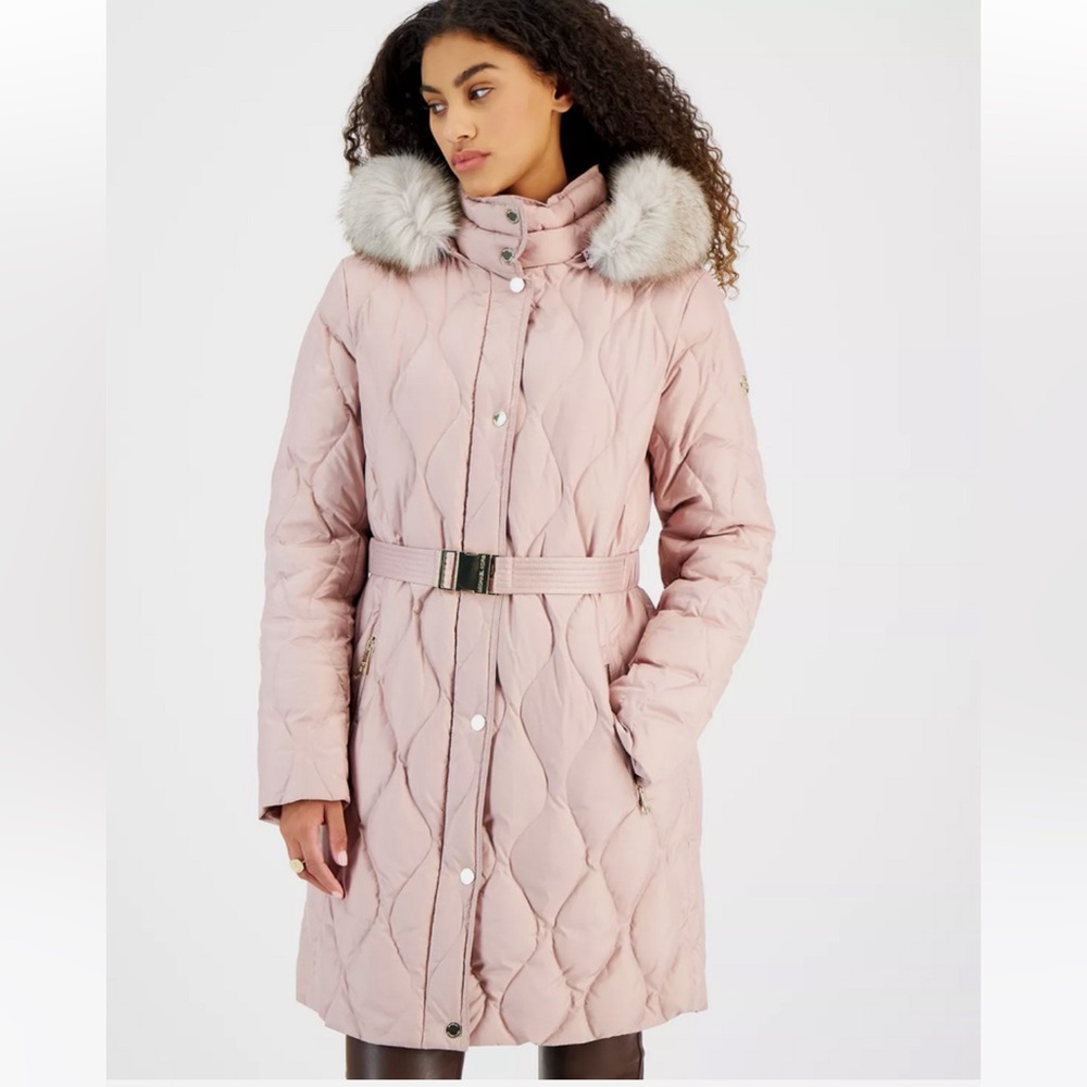Michael Kors Blush Belted Faux Fur Trim Hooded Puffer